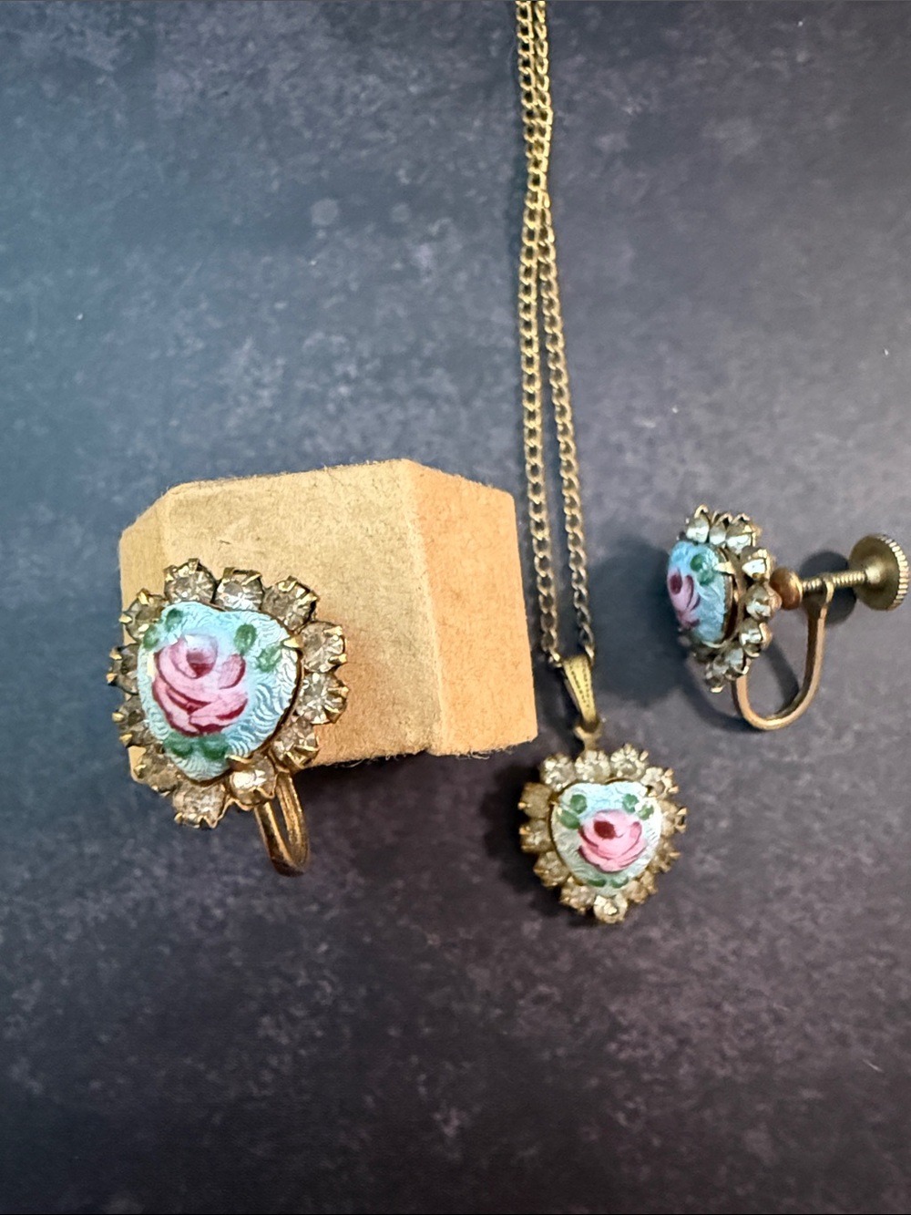 Vintage 1940s–1950s Hand-Painted Rose Heart Rhinestone Costume Jewelry Parure